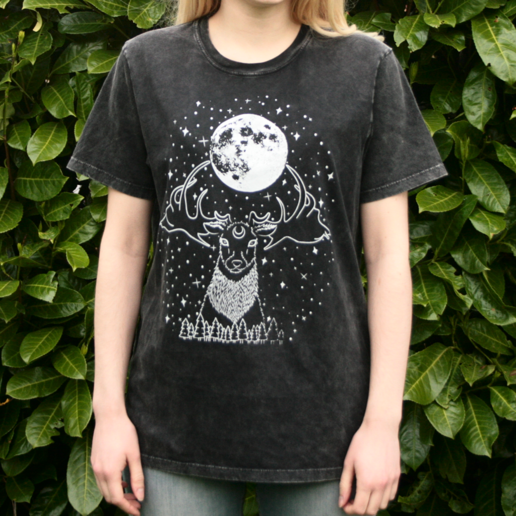Deer Moon Goddess T-Shirt Organic Cotton Black Acid Wash