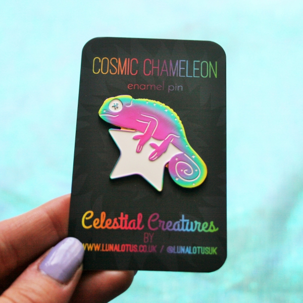 Cosmic Chameleon Rainbow Plated Enamel Pin