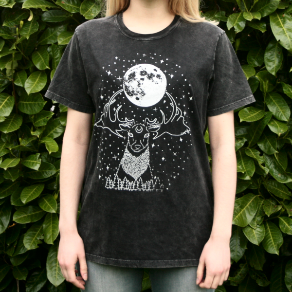 Deer Moon Goddess T-Shirt Organic Cotton Black Acid Wash